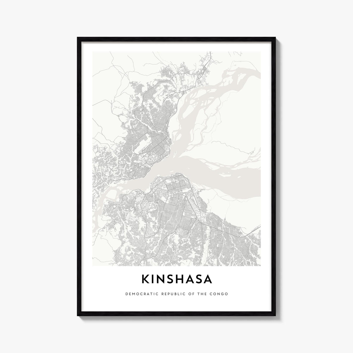 Kinshasa black & white map poster of Democratic Republic of the Congo – vertical wall art, unframed print shown in interior m