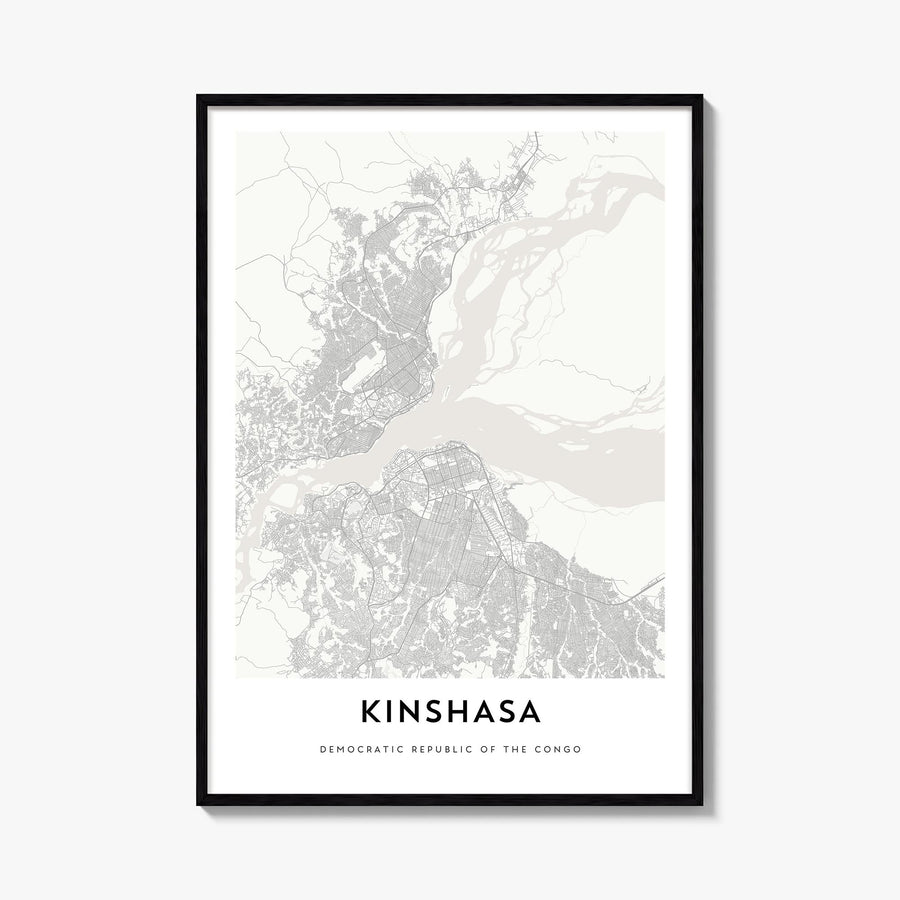 Kinshasa black & white map poster of Democratic Republic of the Congo – vertical wall art, unframed print shown in interior m