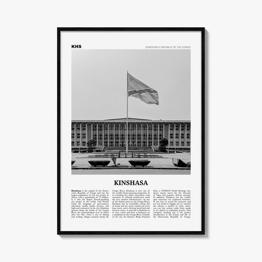 Kinshasa black & white newspaper poster of Democratic Republic of the Congo – vertical wall art, unframed print shown in inte