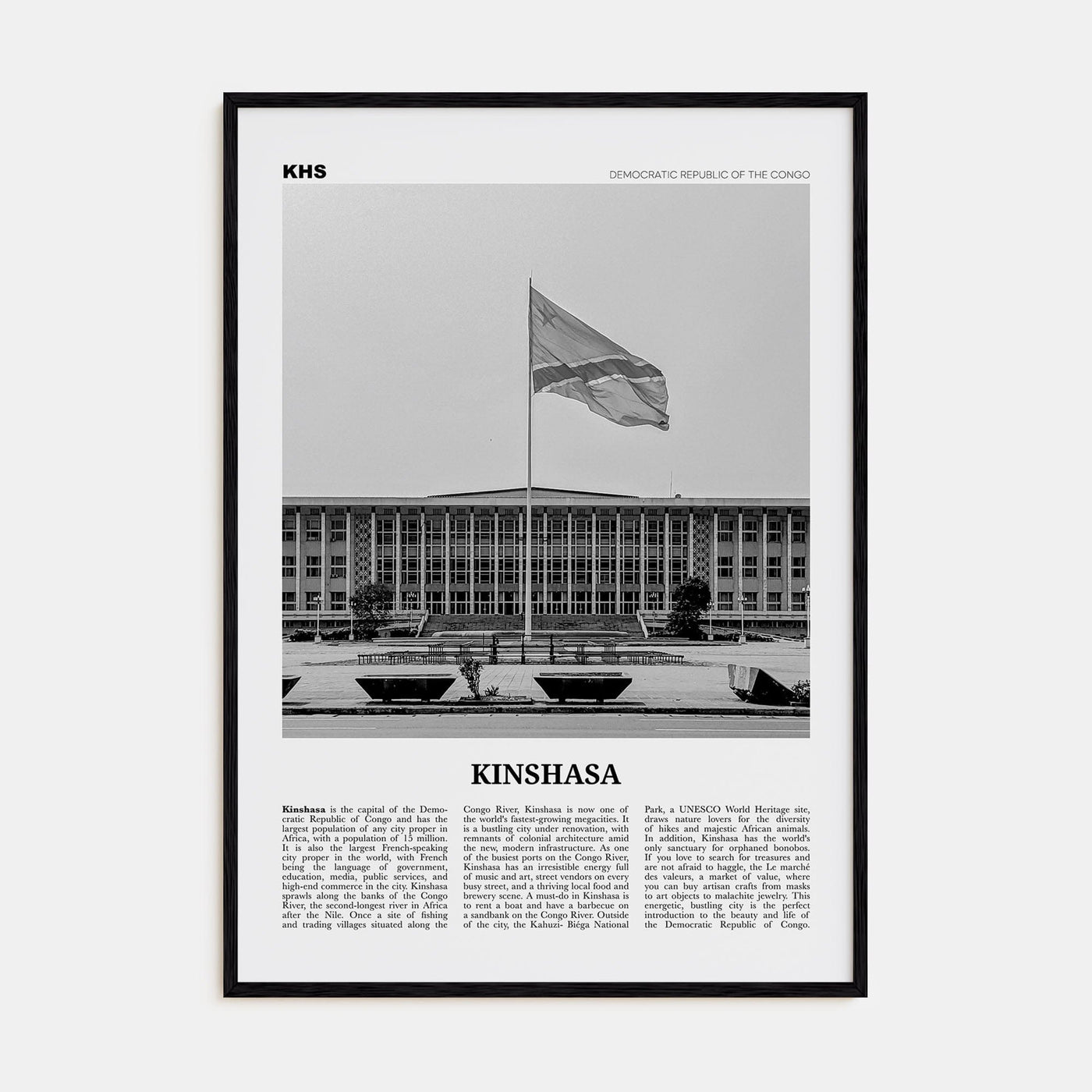 Kinshasa Poster Black Wood / 8x12 in Nbourhood Travel B&W Poster