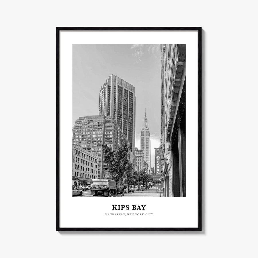 Kips Bay black & white classic poster of New York, USA – vertical wall art, unframed print shown in interior mockup