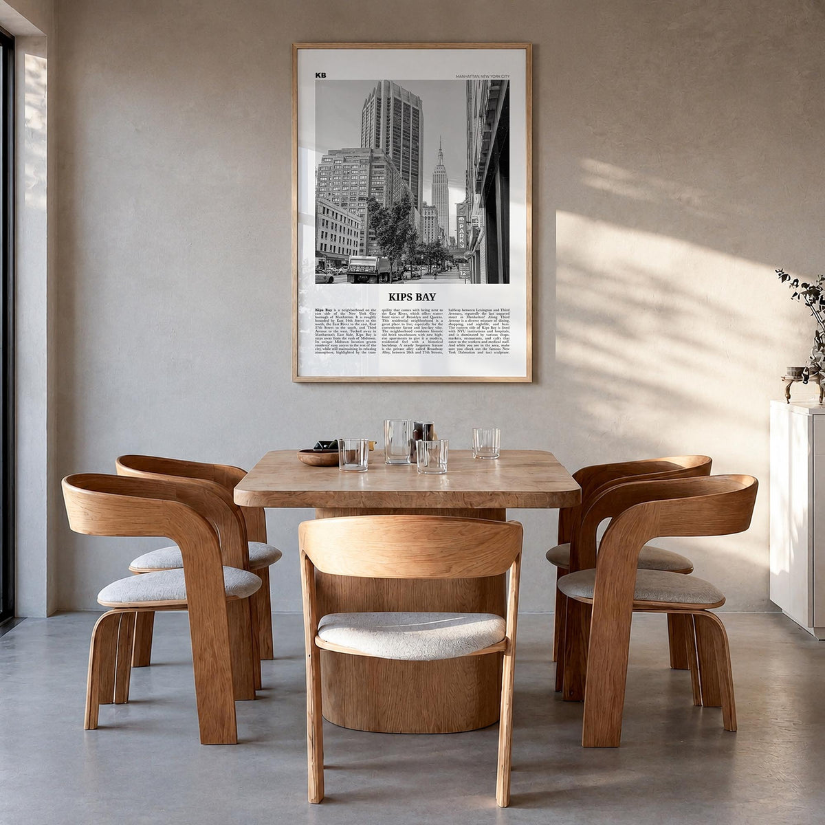 Kips Bay black & white newspaper poster of New York, USA – vertical wall art in natural wood frame, hanging on wall