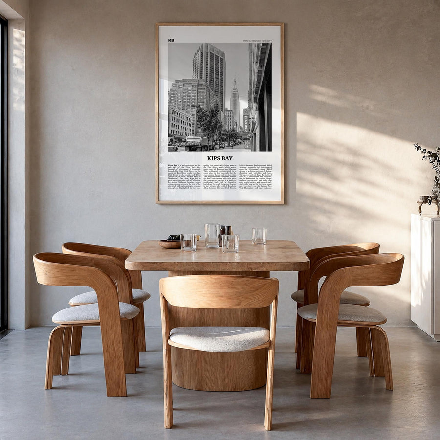 Kips Bay black & white newspaper poster of New York, USA – vertical wall art in natural wood frame, hanging on wall