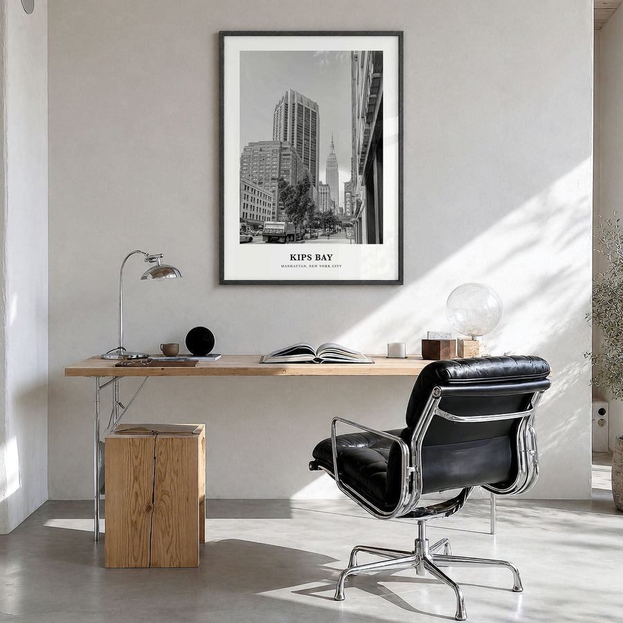 Kips Bay Classic Poster in a black wood frame, hanging in a bright home office