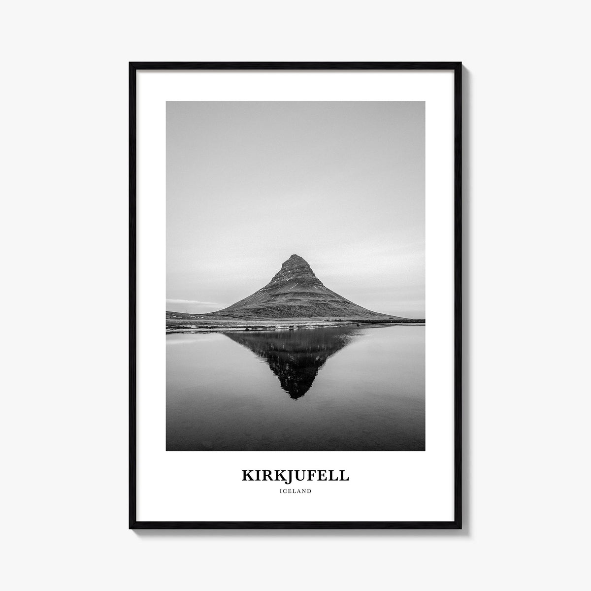Kirkjufell black & white classic poster of Iceland – vertical wall art, unframed print shown in interior mockup