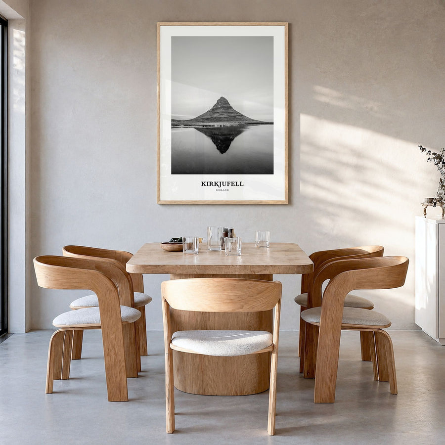 Kirkjufell Classic Poster in a natural wood frame, hanging in a dining room