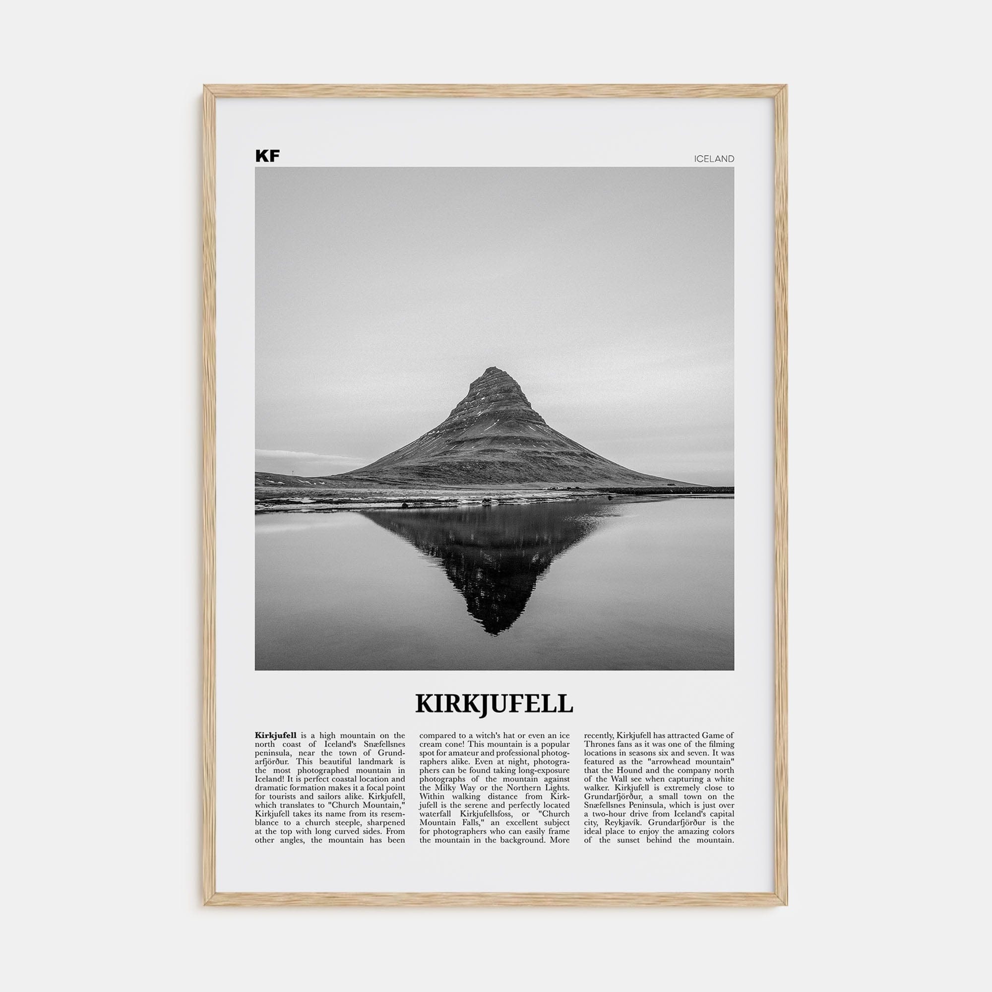 Kirkjufell Poster Natural Wood / 8x12 in Nbourhood Travel B&W Poster