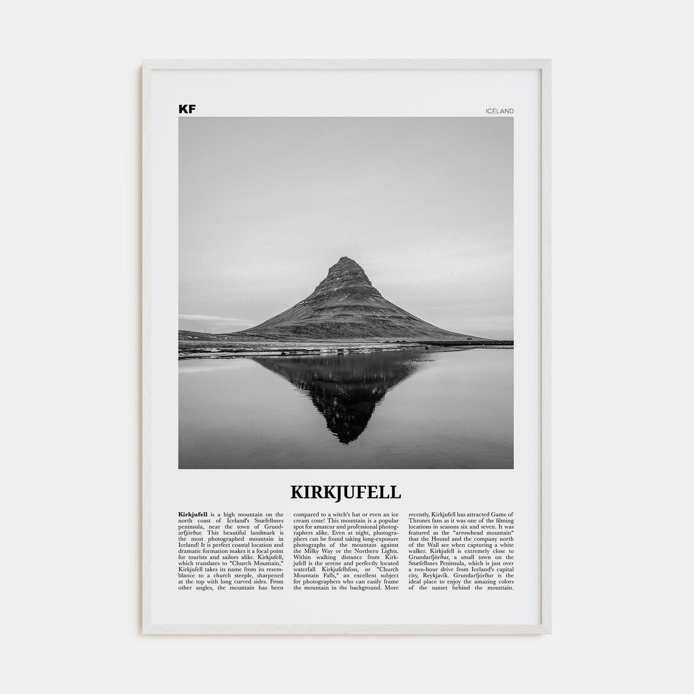 Kirkjufell Poster White Wood / 8x12 in Nbourhood Travel B&W Poster