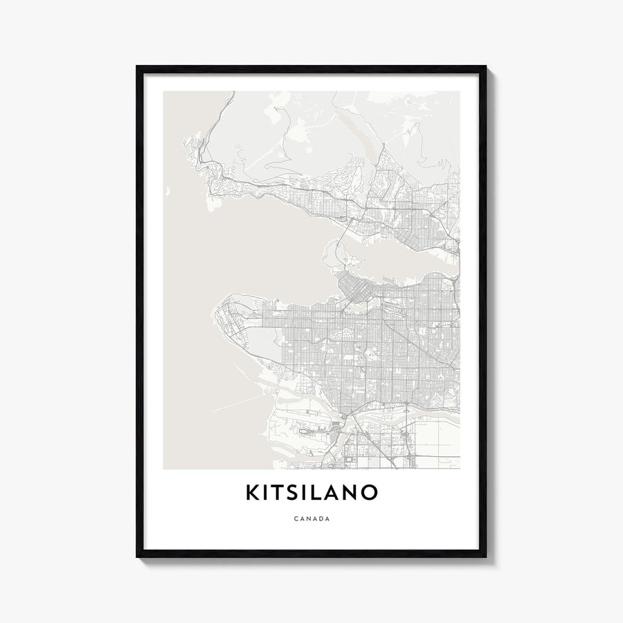 Kitsilano black & white map poster of Vancouver, British Columbia – vertical wall art, unframed print shown in interior mocku