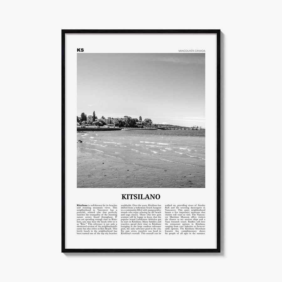 Kitsilano black & white newspaper poster of Vancouver, British Columbia – vertical wall art, unframed print shown in interior