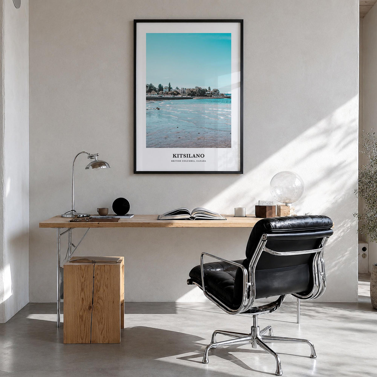 Kitsilano colorful classic poster of Vancouver, British Columbia – vertical wall art in black wood frame, hanging on wall