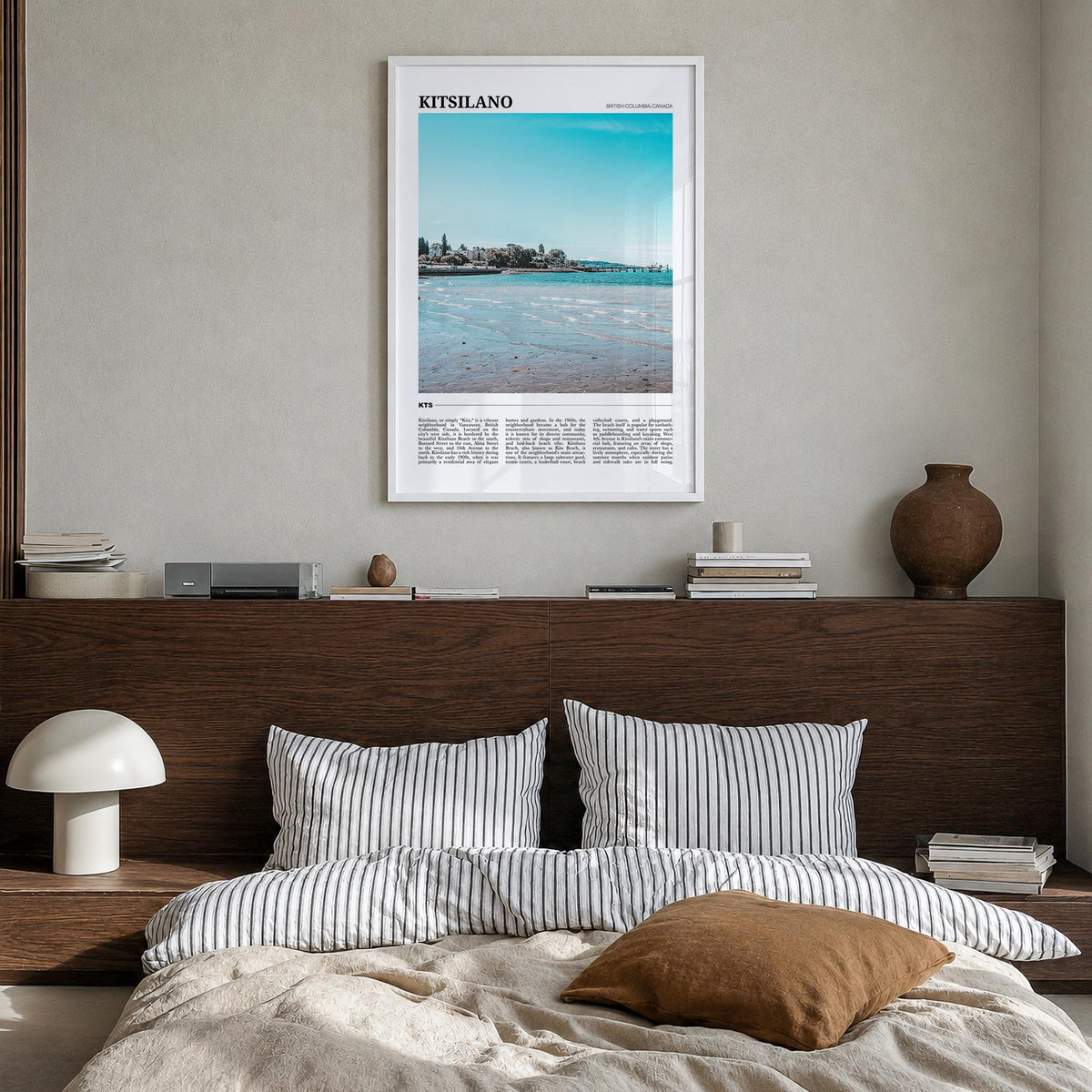 Kitsilano colorful travel poster of Vancouver, British Columbia – vertical wall art in white wood frame, hanging on wall