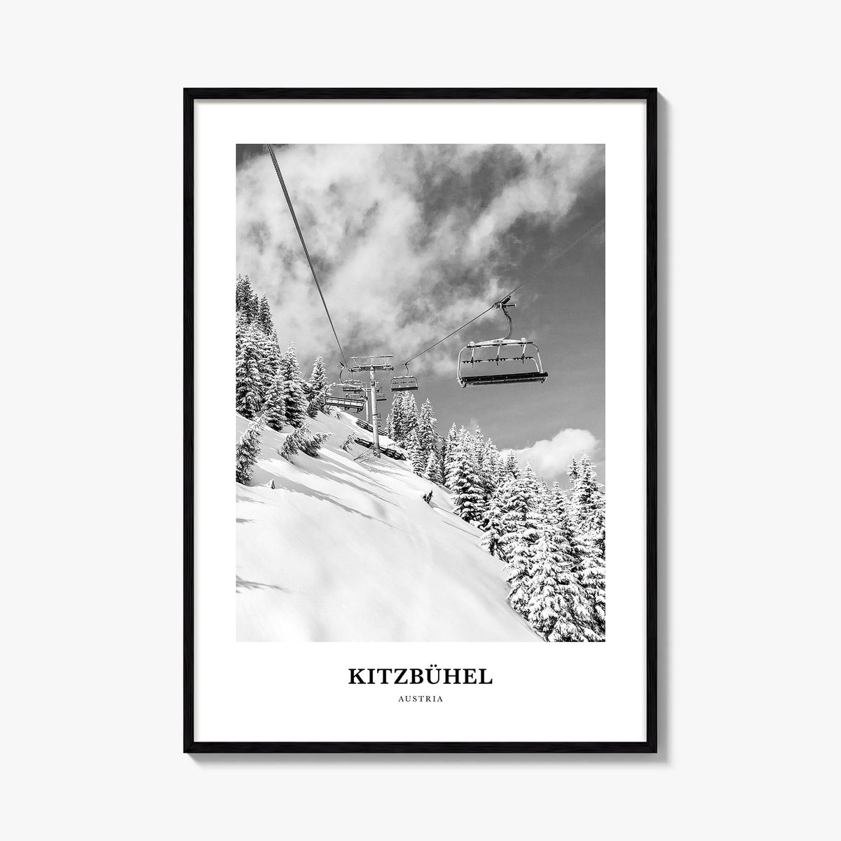 Kitzbühel black & white classic poster of Austria – vertical wall art, unframed print shown in interior mockup