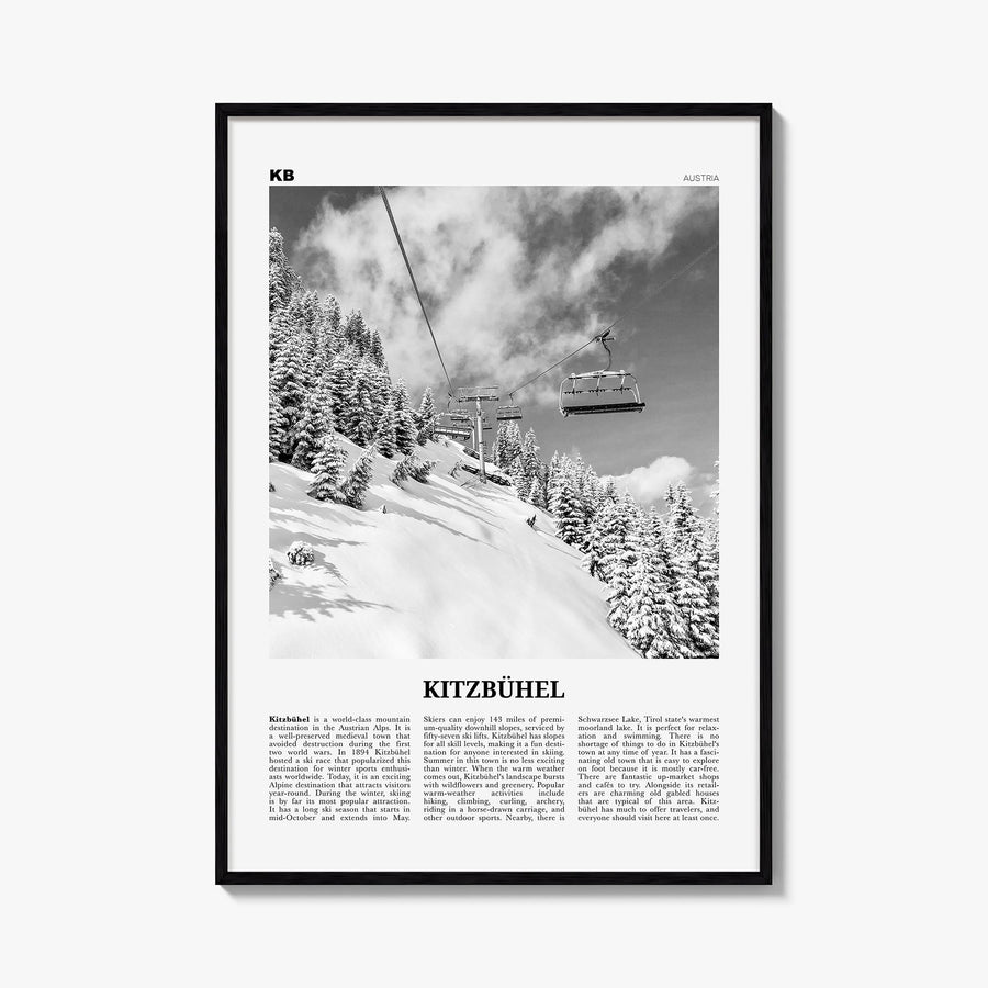 Kitzbühel black & white newspaper poster of Austria – vertical wall art, unframed print shown in interior mockup