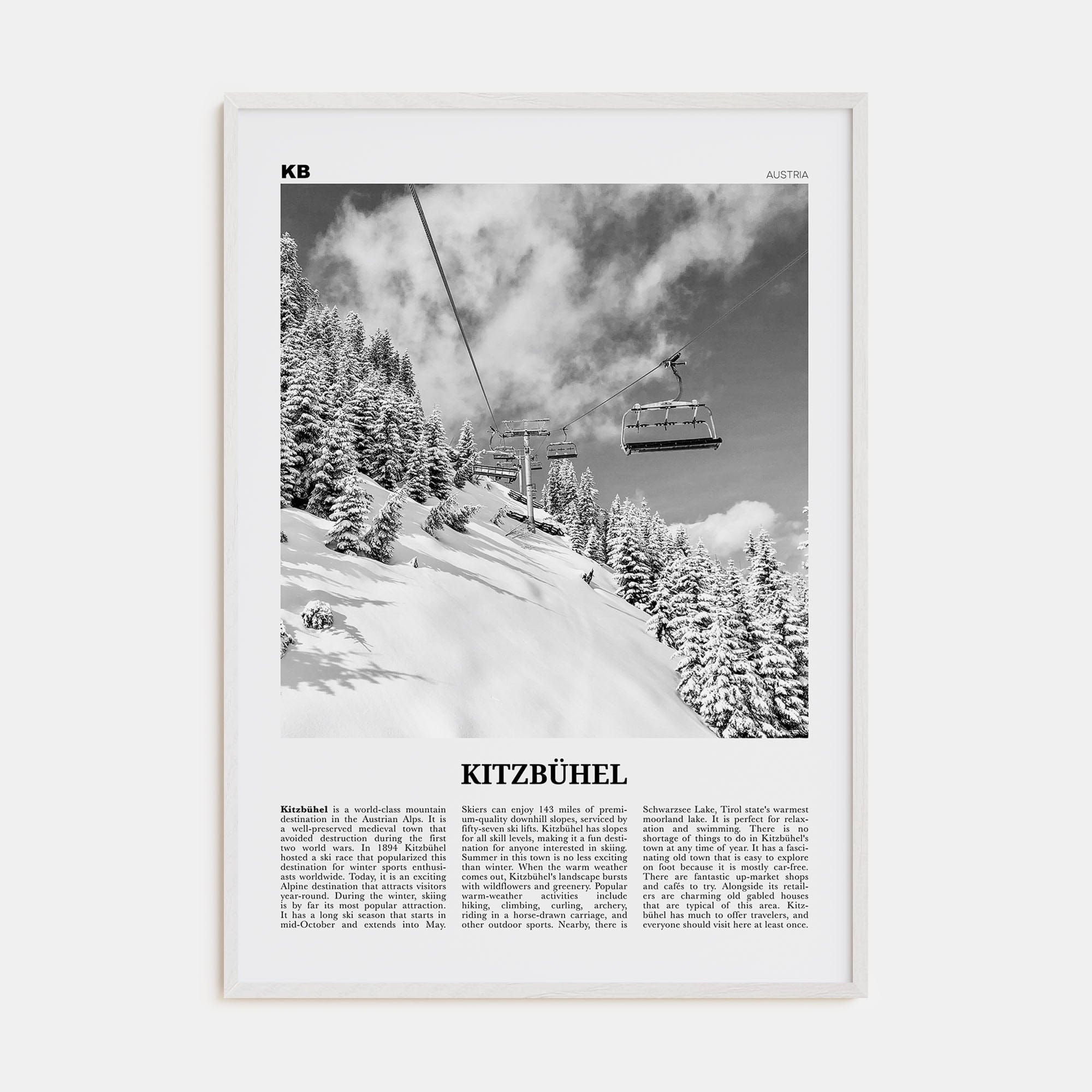 Kitzbühel Poster White Wood / 8x12 in Nbourhood Travel B&W Poster