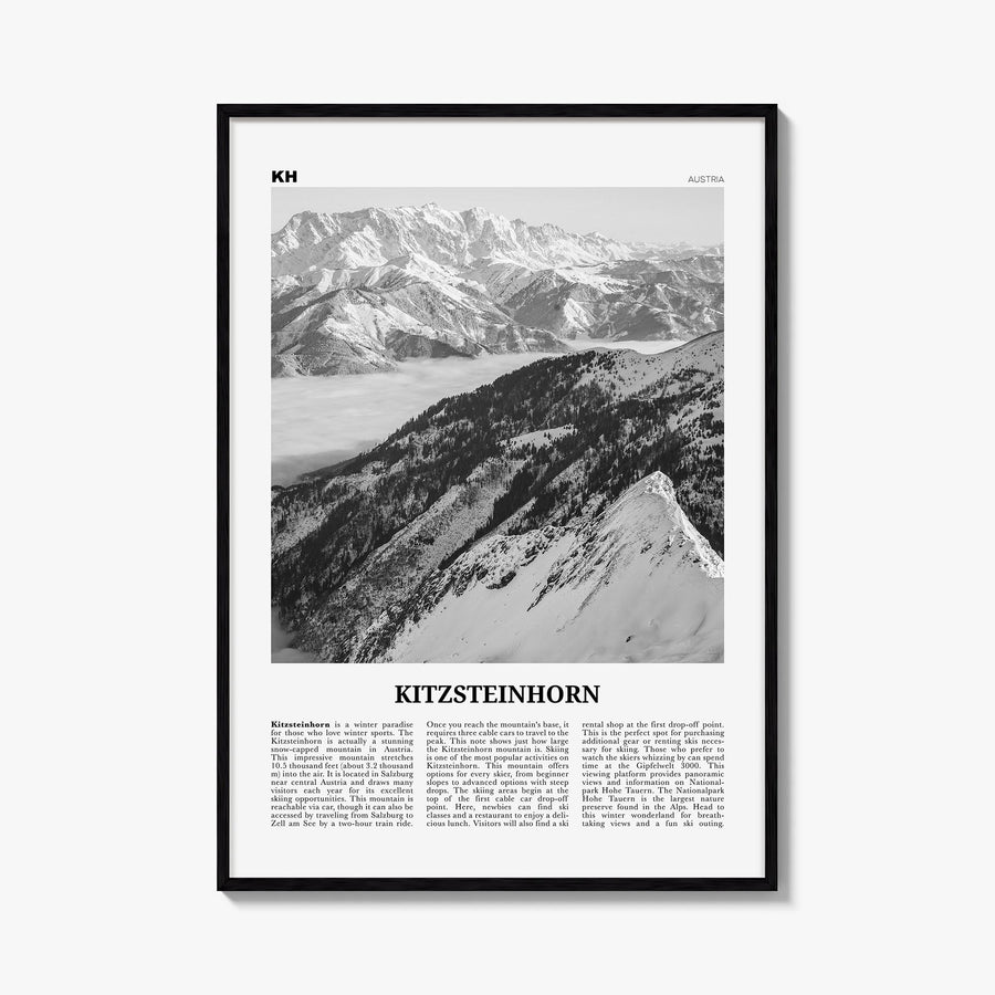 Kitzsteinhorn black & white newspaper poster of Austria – vertical wall art, unframed print shown in interior mockup