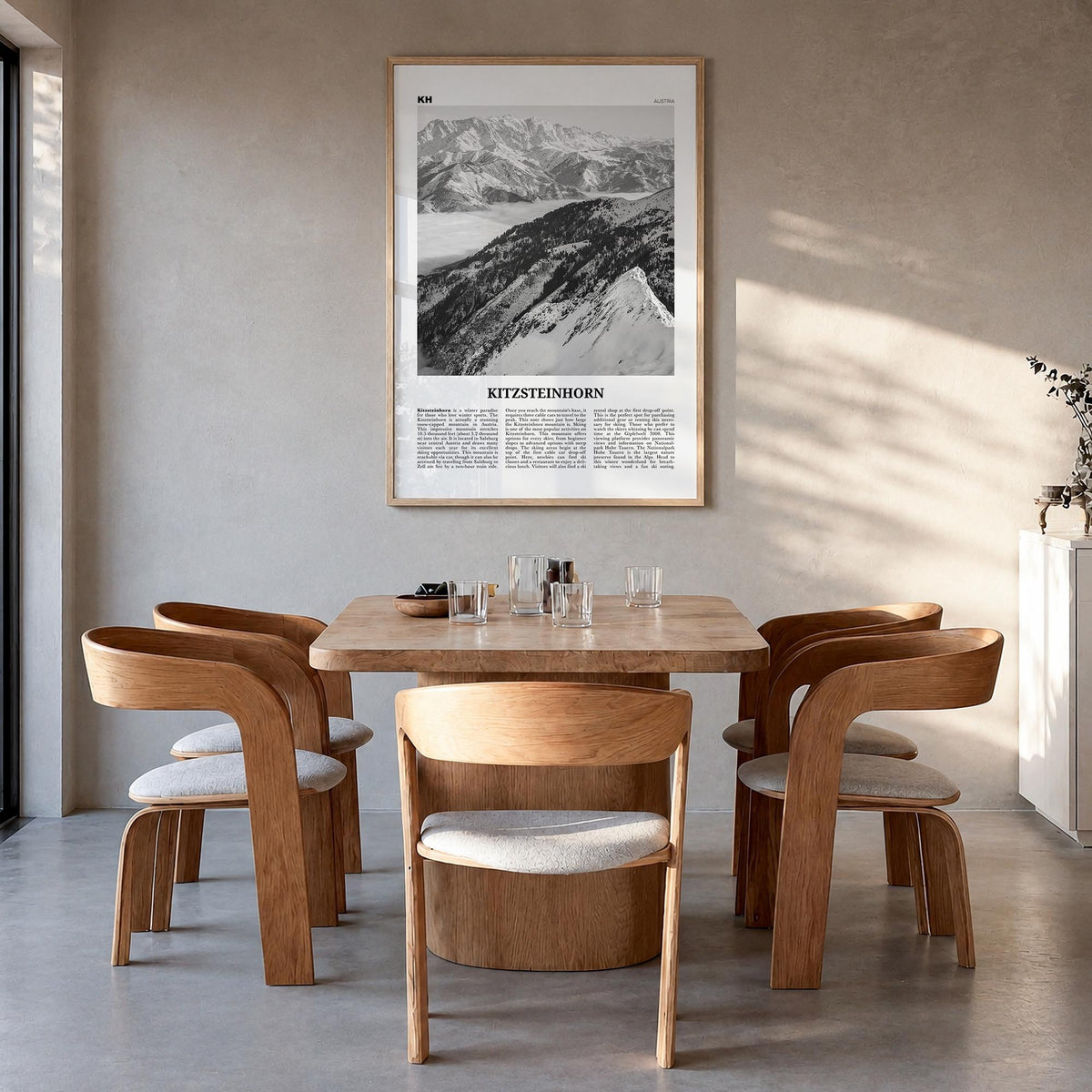 Kitzsteinhorn black & white newspaper poster of Austria – vertical wall art in natural wood frame, hanging on wall