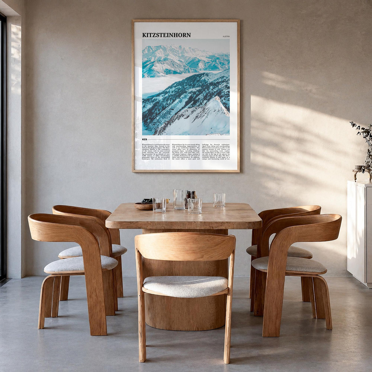 Kitzsteinhorn colorful travel poster of Austria – vertical wall art in natural wood frame, hanging on wall