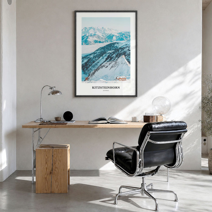 Kitzsteinhorn Classic Poster in a black wood frame, hanging in a bright home office