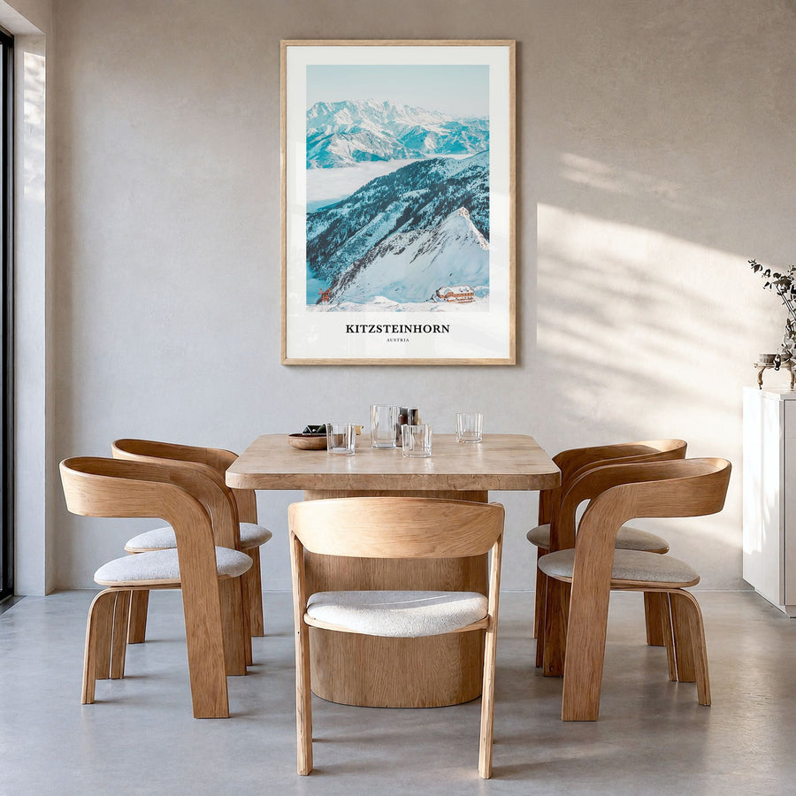Kitzsteinhorn Classic Poster in a natural wood frame, hanging in a dining room
