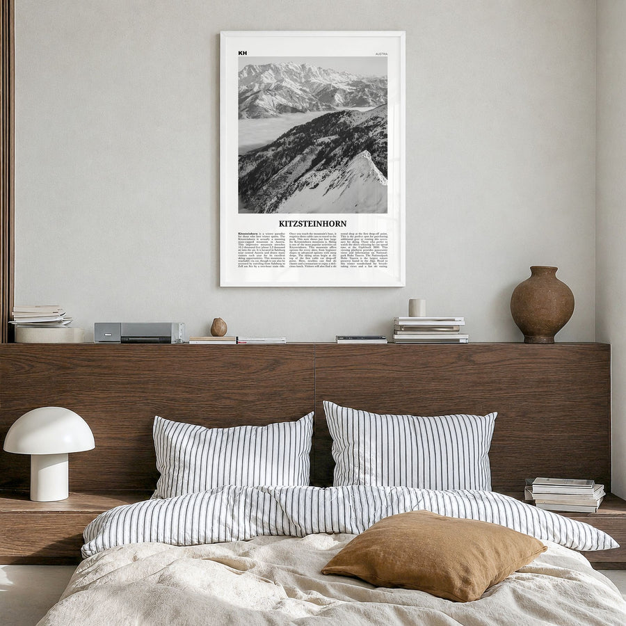 Kitzsteinhorn Newspaper Poster in a white wood frame, hanging in a bedroom