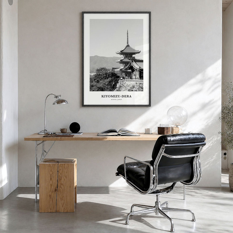 Kiyomizu-dera Classic Poster in a black wood frame, hanging in a bright home office