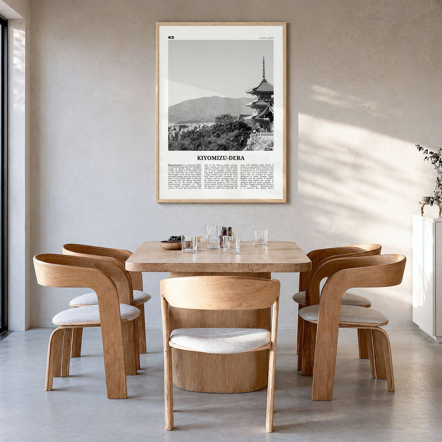 Kiyomizu-dera Newspaper Poster in a natural wood frame, hanging in a dining room