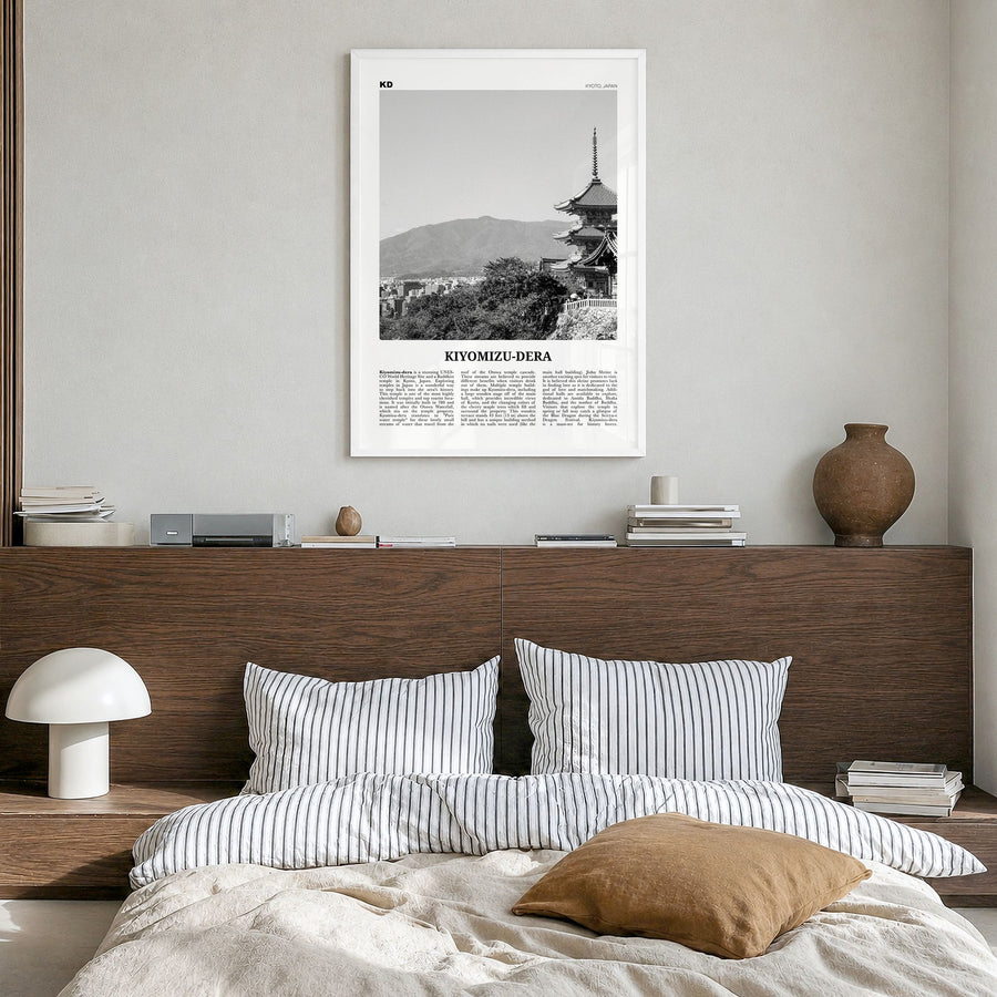 Kiyomizu-dera Newspaper Poster in a white wood frame, hanging in a bedroom