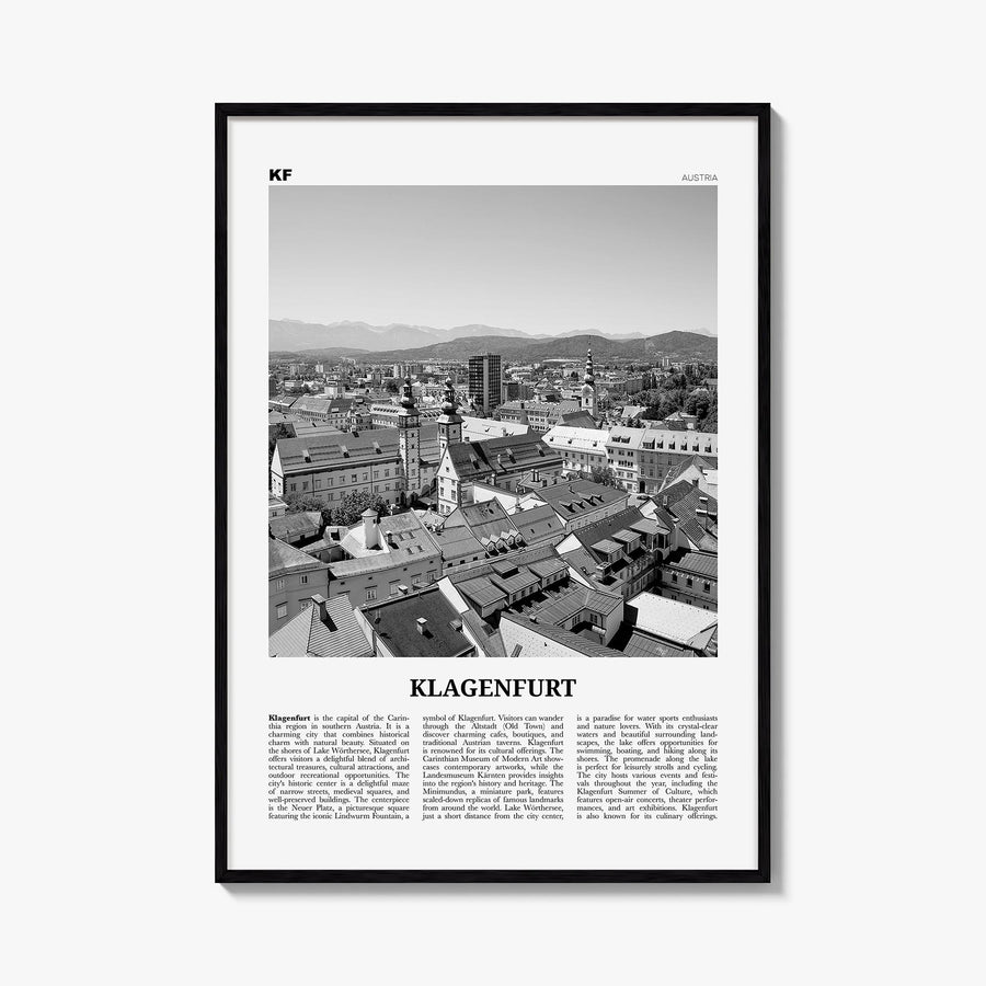 Klagenfurt black & white newspaper poster of Austria – vertical wall art, unframed print shown in interior mockup