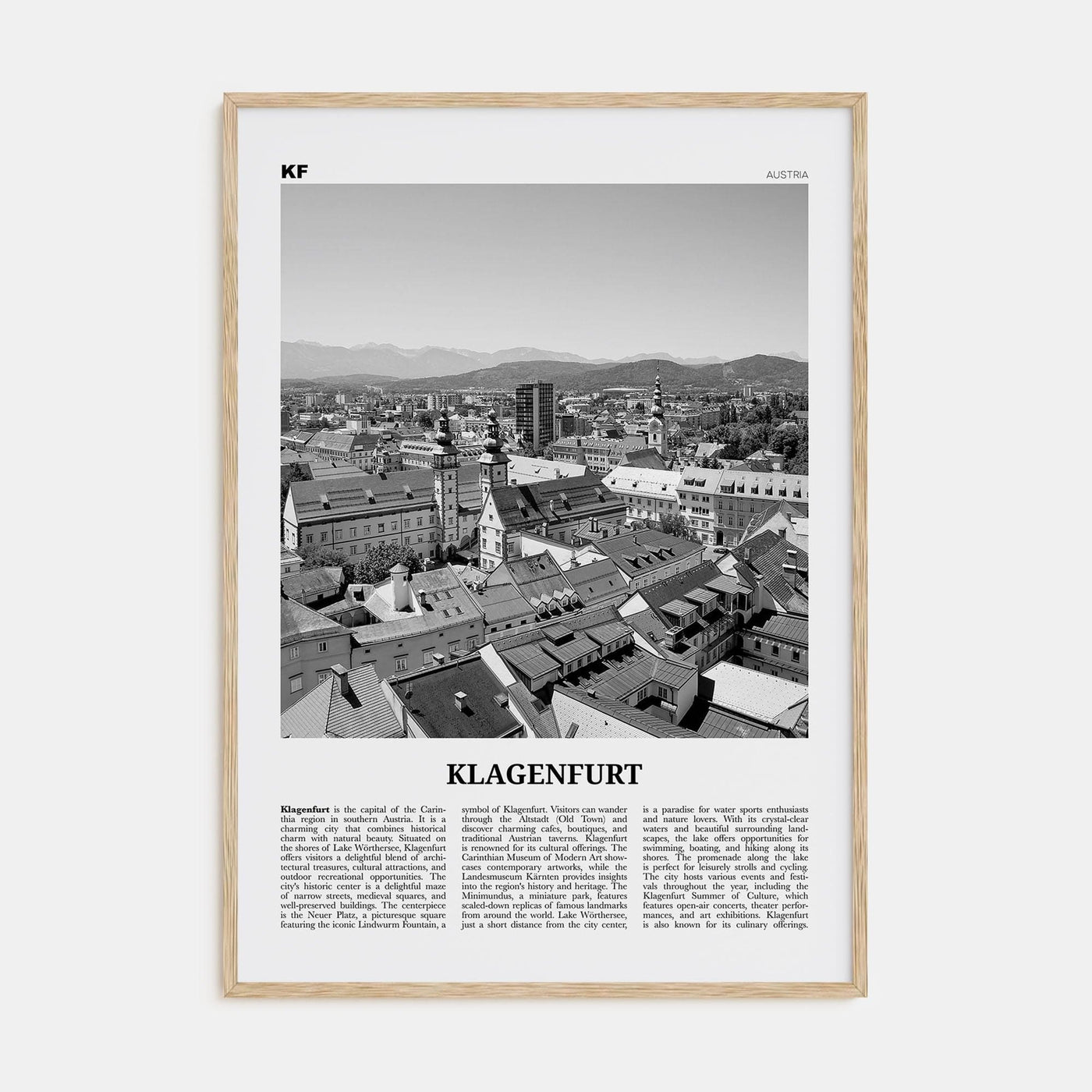 Klagenfurt Poster Natural Wood / 8x12 in Nbourhood Travel B&W Poster