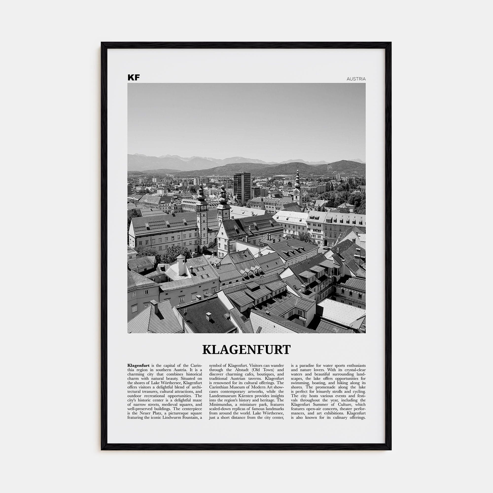 Klagenfurt Poster Black Wood / 8x12 in Nbourhood Travel B&W Poster