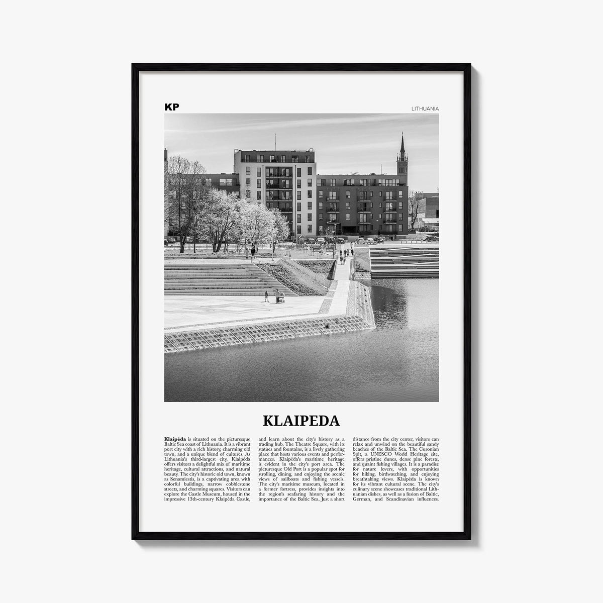 Klaipeda black & white newspaper poster of Lithuania – vertical wall art, unframed print shown in interior mockup
