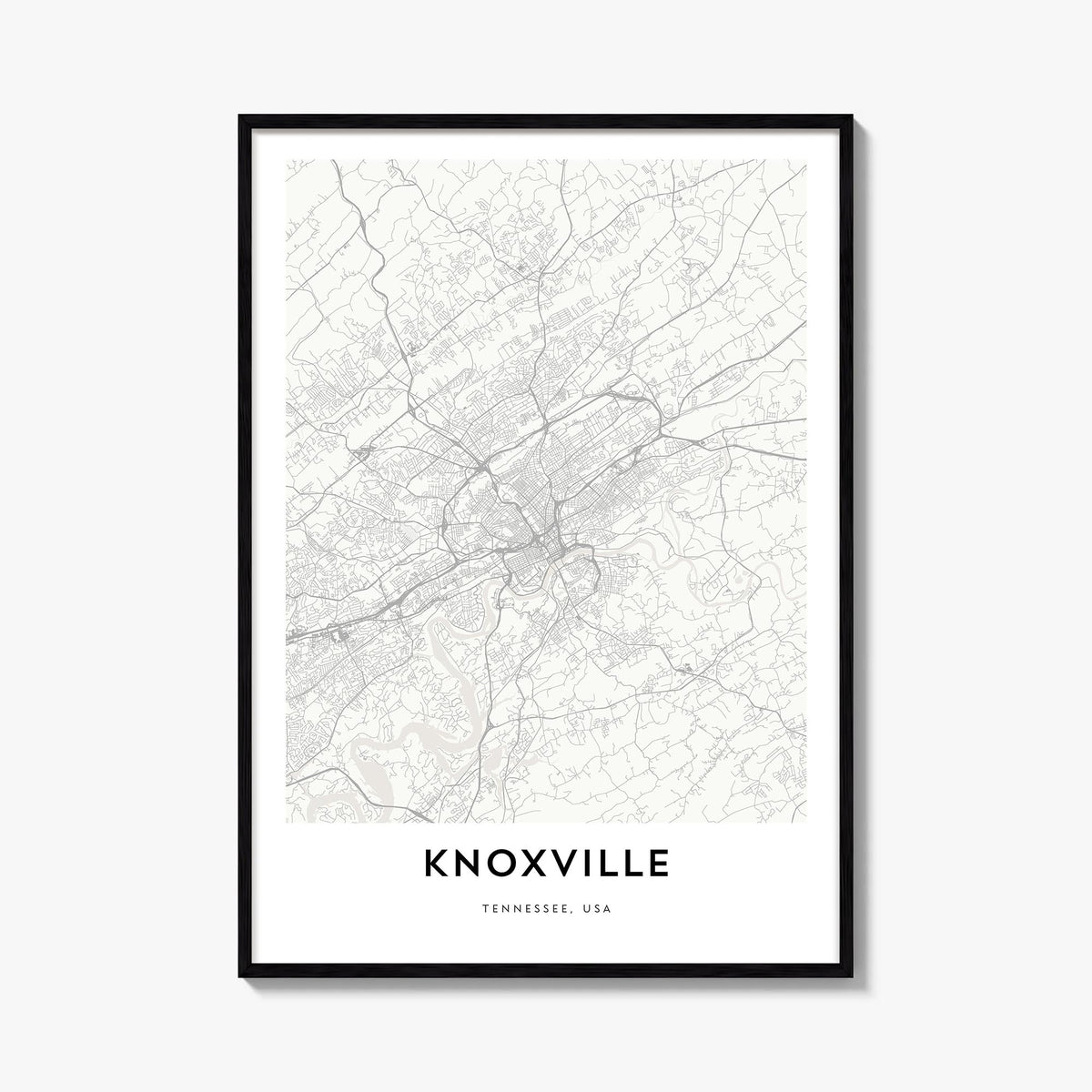 Knoxville black & white map poster of Tennessee, USA – vertical wall art, unframed print shown in interior mockup