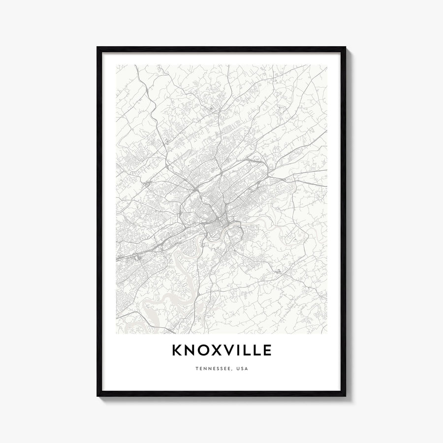 Knoxville black & white map poster of Tennessee, USA – vertical wall art, unframed print shown in interior mockup