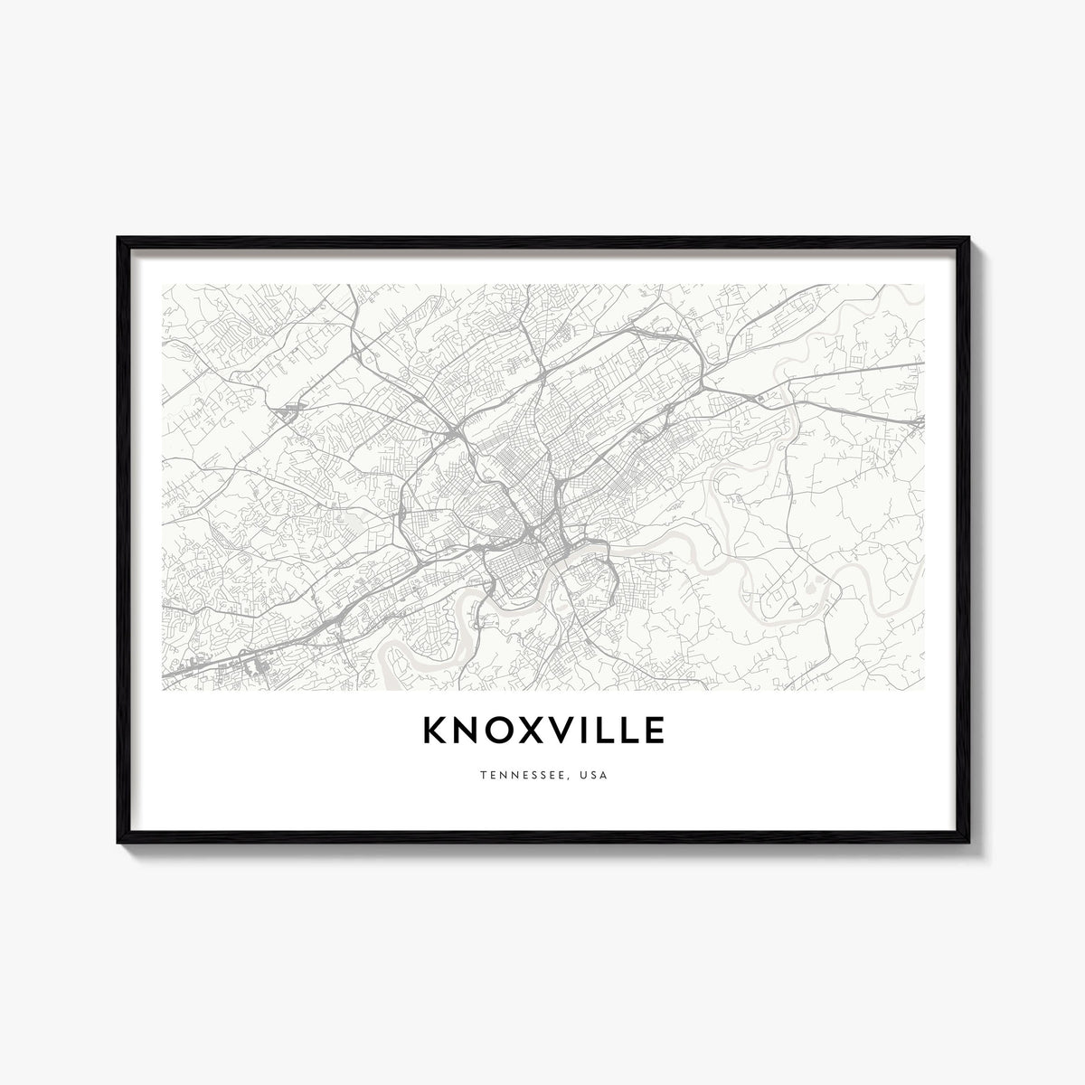 Knoxville black & white map poster of Tennessee, USA – horizontal wall art, unframed print shown in interior mockup