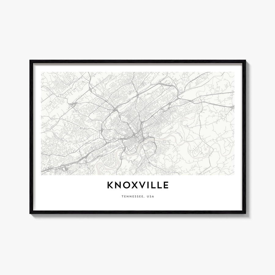 Knoxville black & white map poster of Tennessee, USA – horizontal wall art, unframed print shown in interior mockup