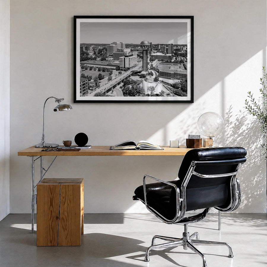 Knoxville black & white photo poster of Tennessee, USA – horizontal wall art in black wood frame with white border, hanging o