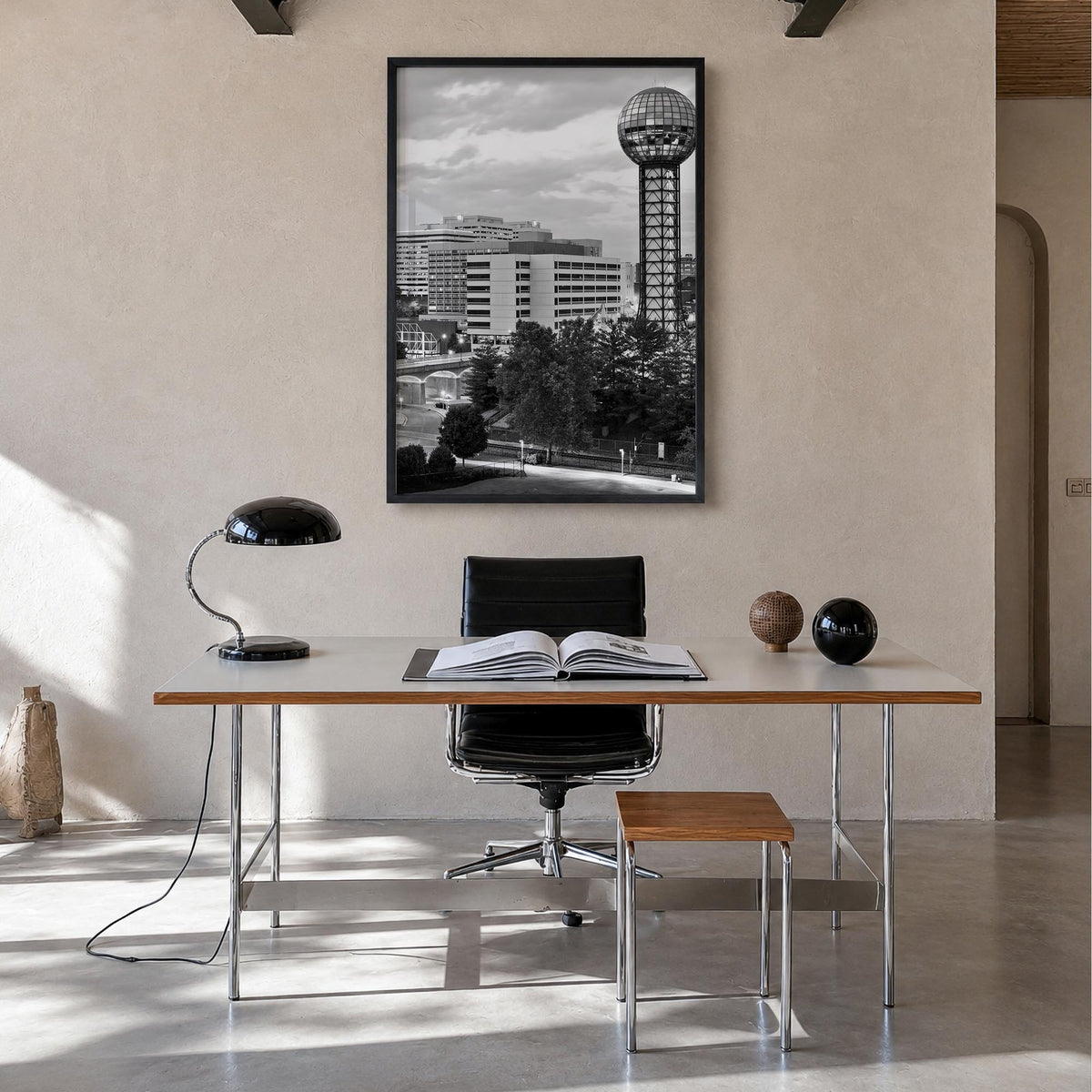 Knoxville black & white photo poster of Tennessee, USA – vertical wall art in black wood frame, hanging on wall