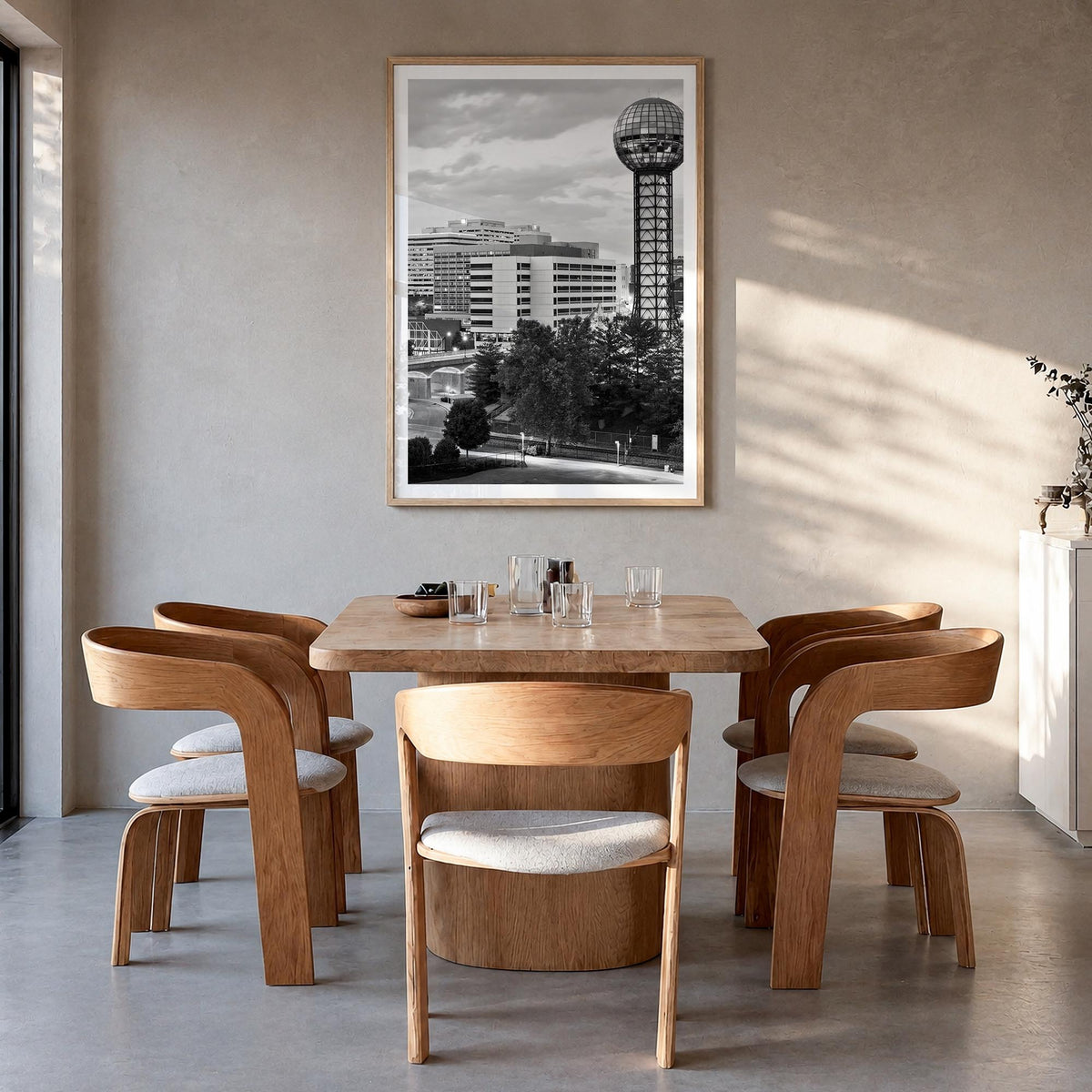 Knoxville black & white photo poster of Tennessee, USA – vertical wall art in natural wood frame with white border, hanging o