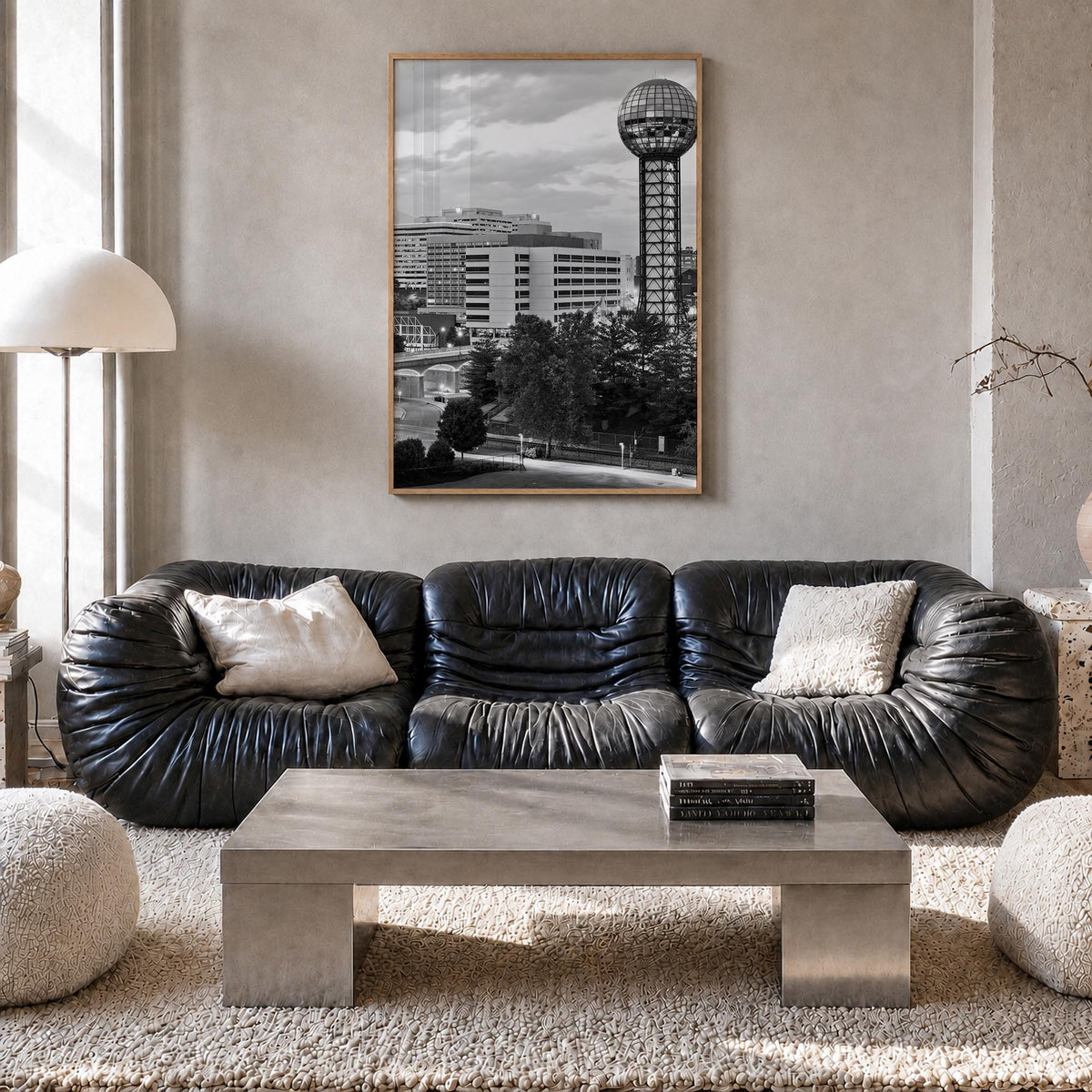 Knoxville black & white photo poster of Tennessee, USA – vertical wall art in natural wood frame, hanging on wall