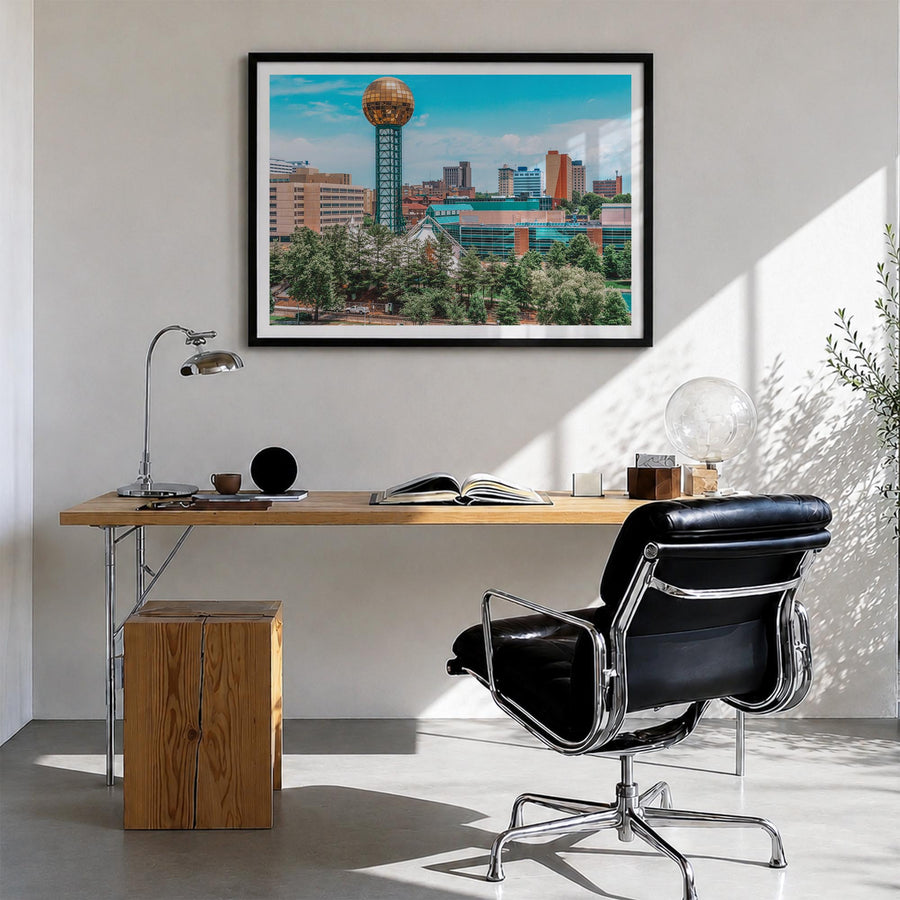 Knoxville colorful photo poster of Tennessee, USA – horizontal wall art in black wood frame with white border, hanging on wal