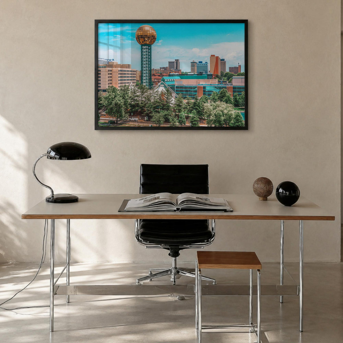 Knoxville colorful photo poster of Tennessee, USA – horizontal wall art in black wood frame, hanging on wall