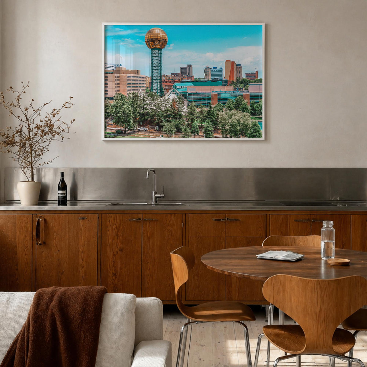 Knoxville colorful photo poster of Tennessee, USA – horizontal wall art in white wood frame, hanging on wall