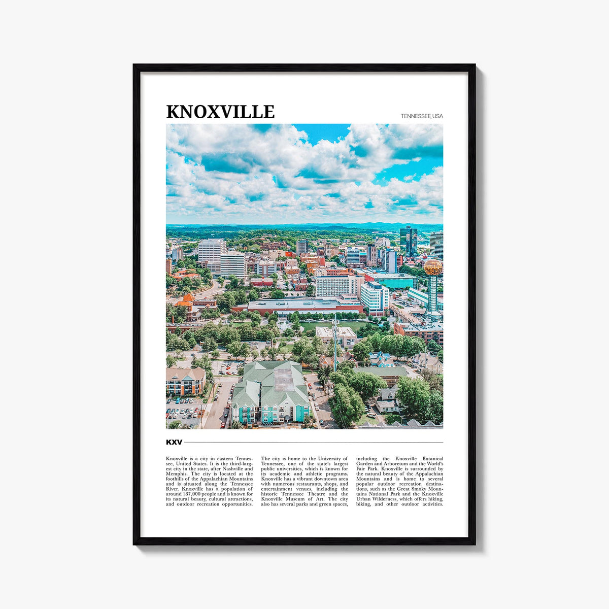 Knoxville colorful travel poster of Tennessee, USA – vertical wall art, unframed print shown in interior mockup