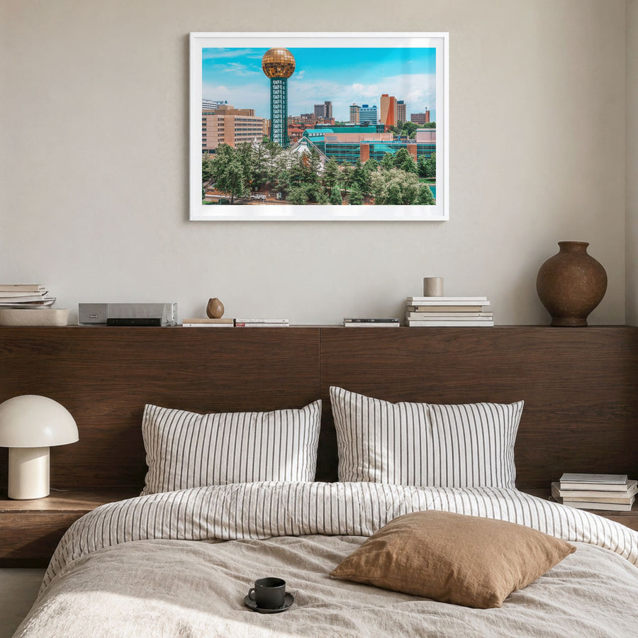 Knoxville Photo Poster in a white wood frame, hanging in a bedroom, white border