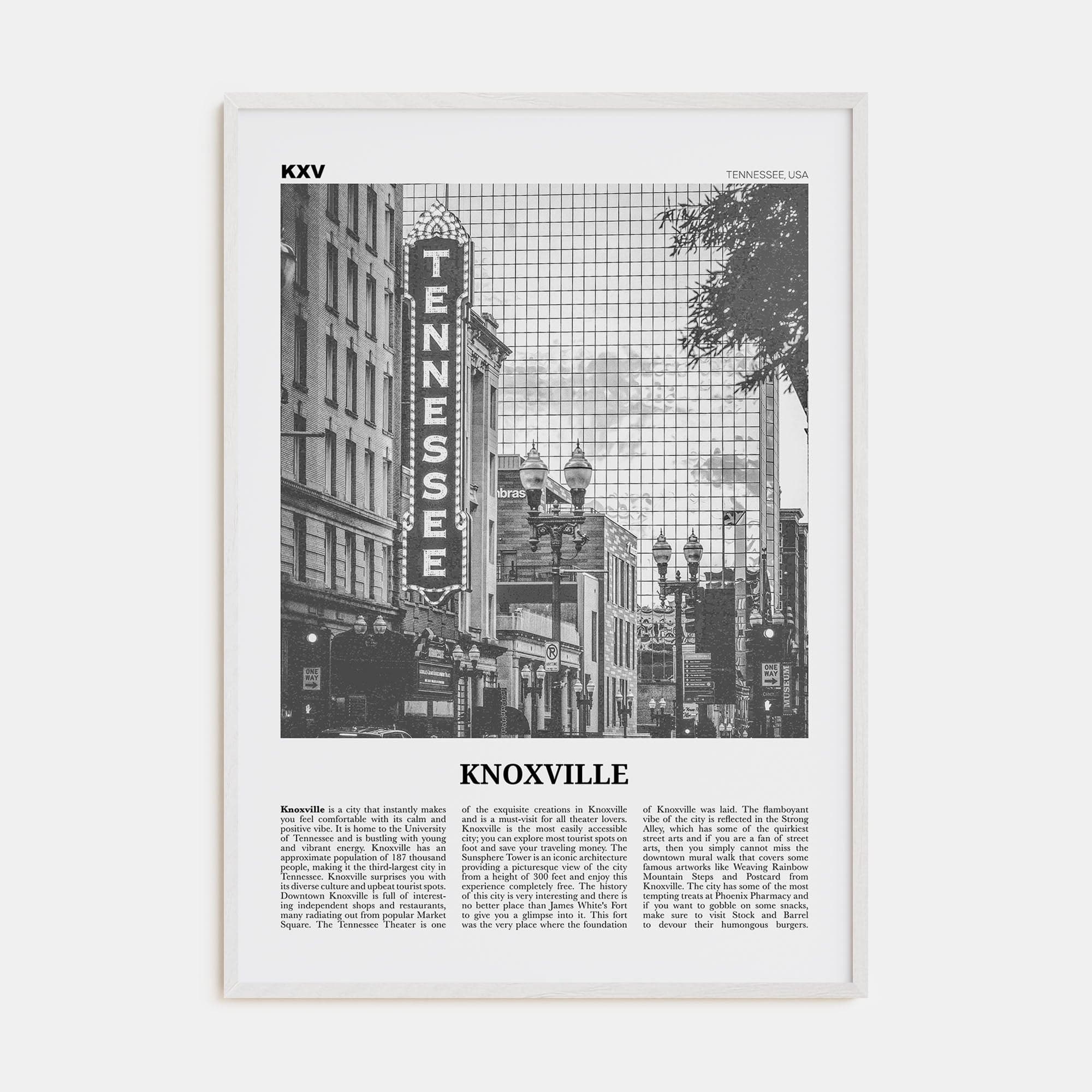 Knoxville No 1 Poster White Wood / 8x12 in Nbourhood Travel B&W Poster