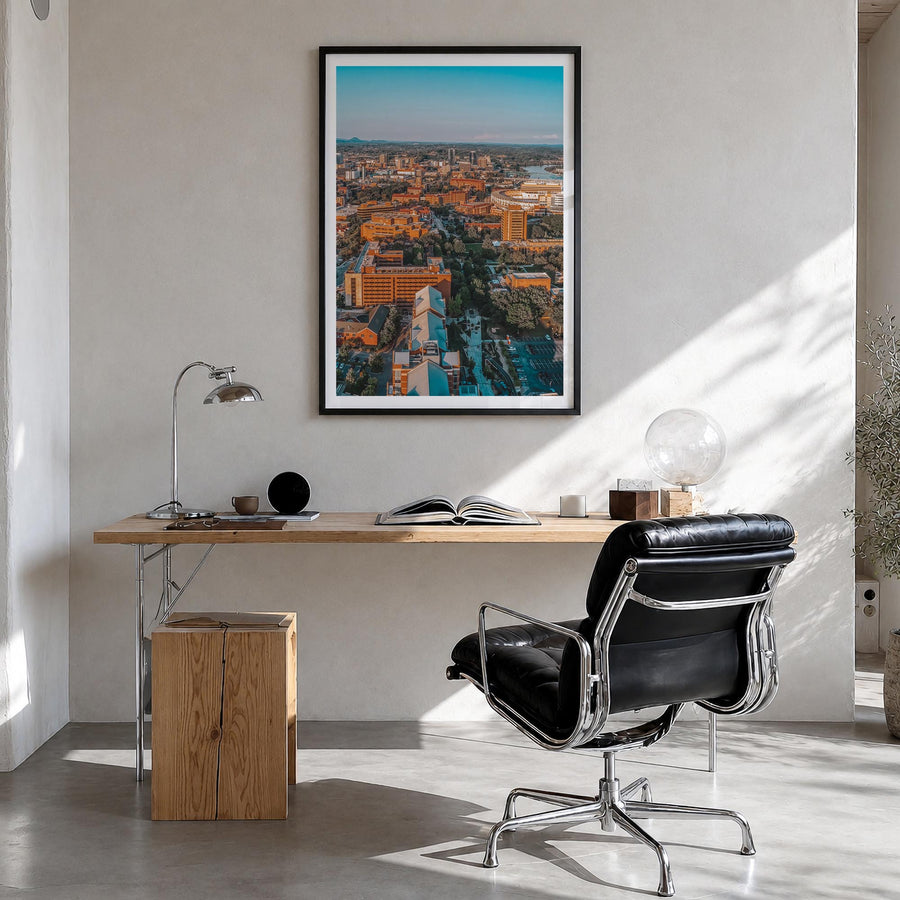 Knoxville no. 2 colorful photo poster of Tennessee, USA – vertical wall art in black wood frame with white border, hanging on