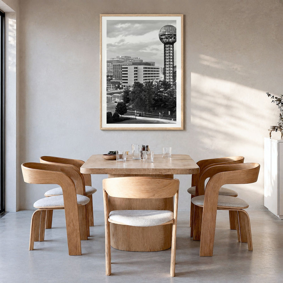 Knoxville Photo Poster in a natural wood frame, hanging in a dining room, white border