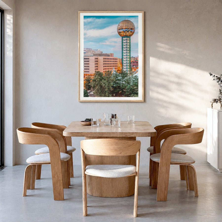 Knoxville Photo No 1 Poster in a natural wood frame, hanging in a dining room, white border