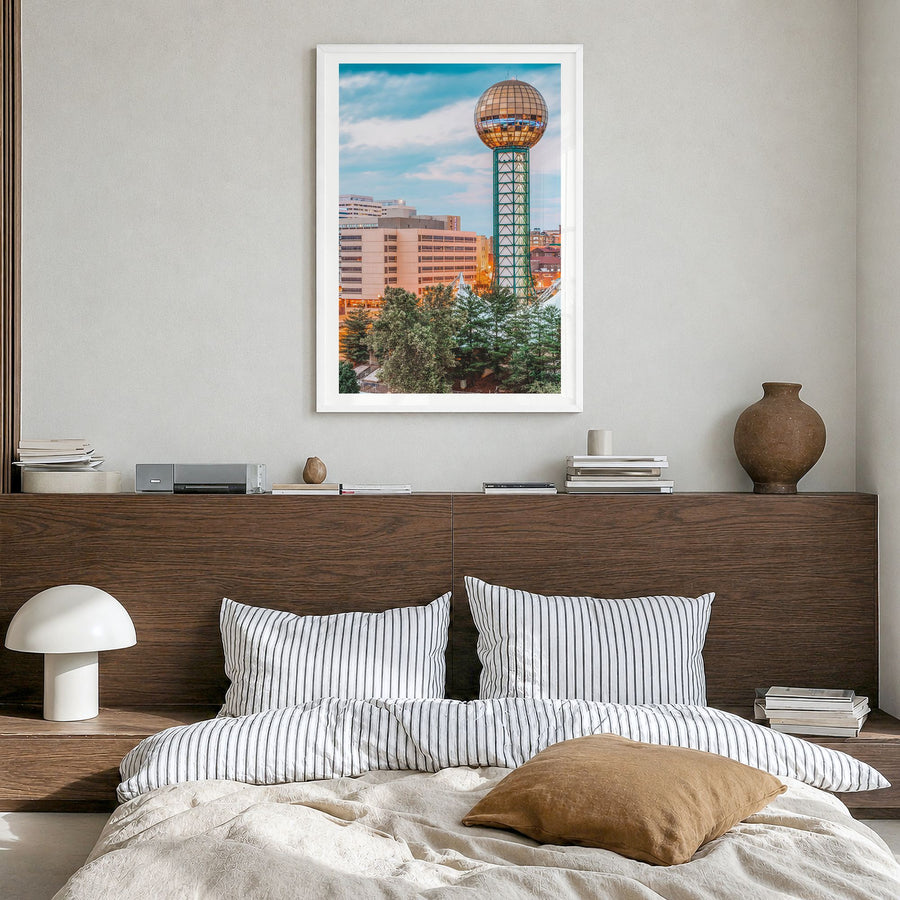 Knoxville Photo No 1 Poster in a white wood frame, hanging in a bedroom, white border